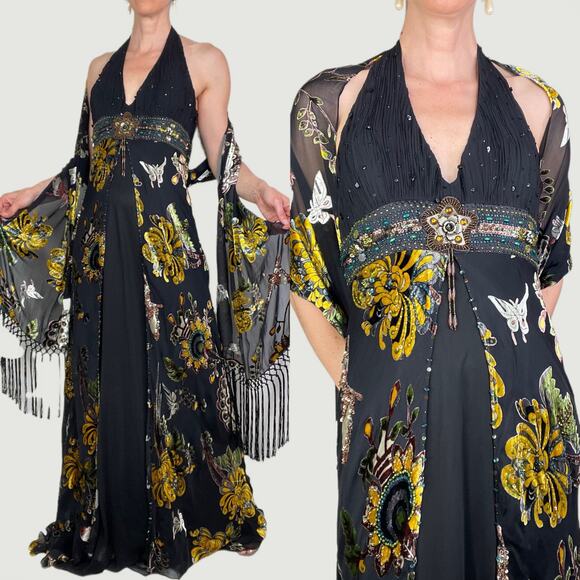 Sue Wong Dresses & Skirts - Sue Wong silk blend butterfly beaded halter dress floral matching scarf gown 12